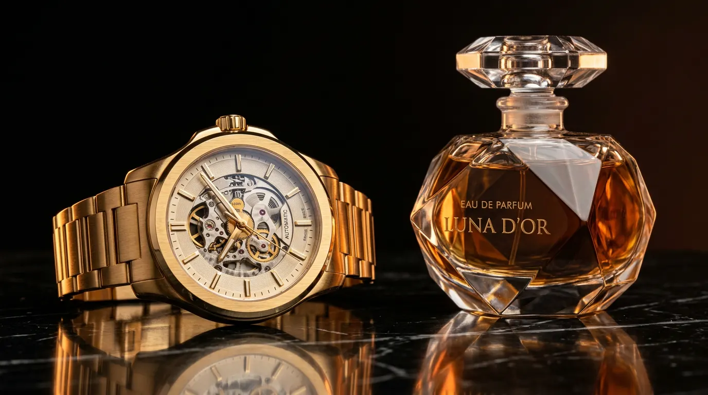 Still life di prodotto: orologio e profumo